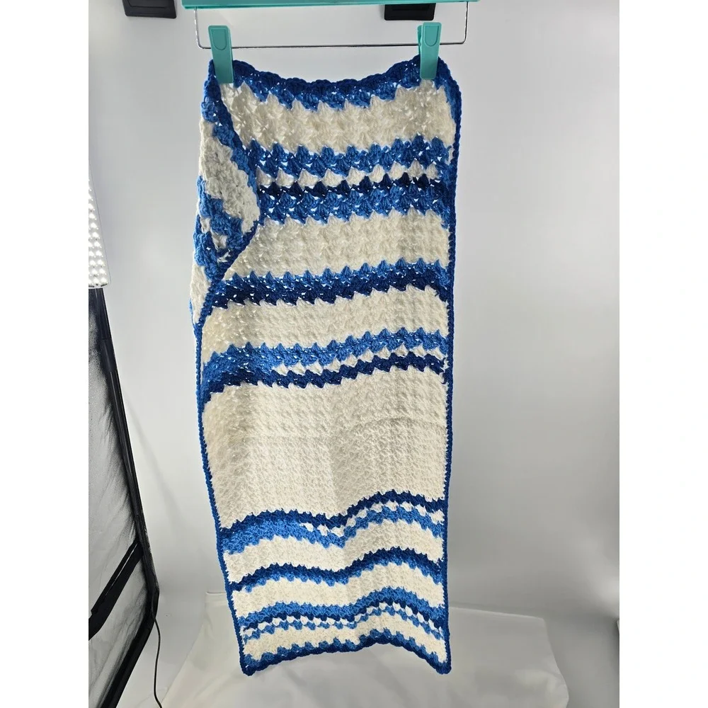 Handmade Crochet Baby Blanket Blue White Striped Shell‎ Stitch Throw 40x20
